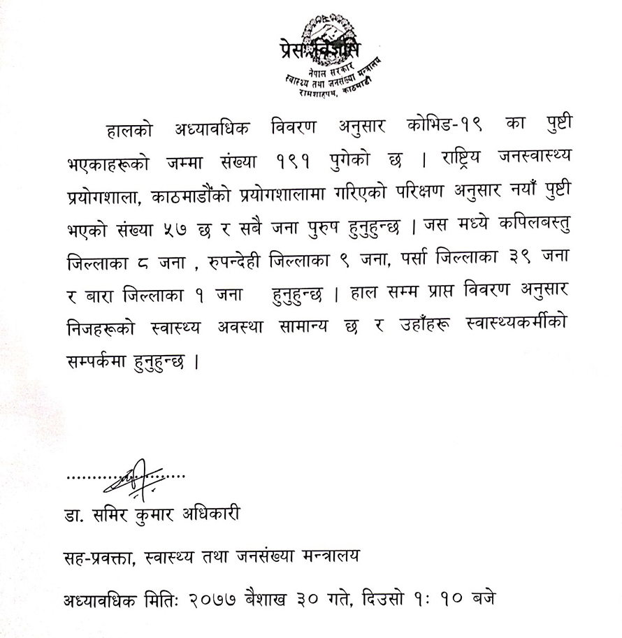 नेपालमा एकैदिन ५७ जनामा काेराेना भाइरसकाे संक्रमण