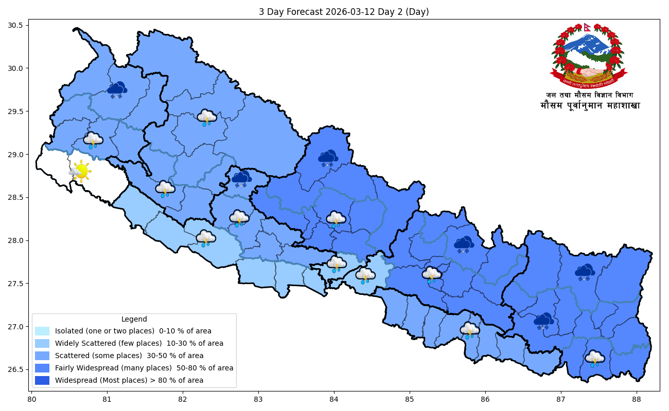माैसमः मुलुकका केही स्थानहरूमा हल्का वर्षा र उच्च पहाडी एवं हिमाली क्षेत्रमा हिमपातकाे संभावना
