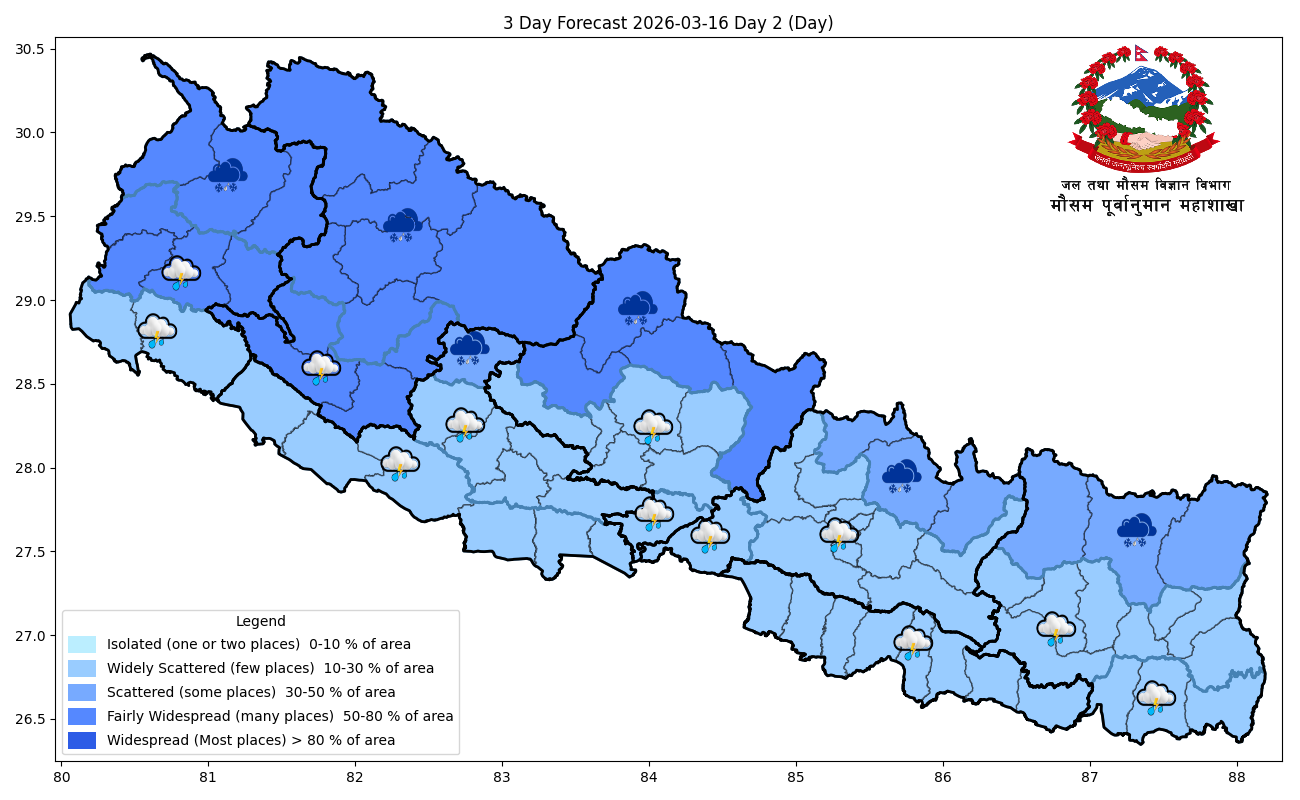 माैसमः मुलुकका केही स्थानमा वर्षा एवं पहाडी तथा हिमाली क्षेत्रमा हिमपातकाे संभावना