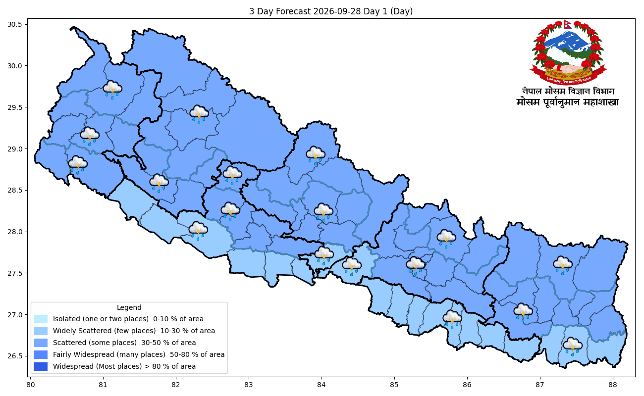 हिमाली र पहाडी भू-भागका एक-दुई स्थानमा हल्का वर्षा र हिमपातको सम्भावना